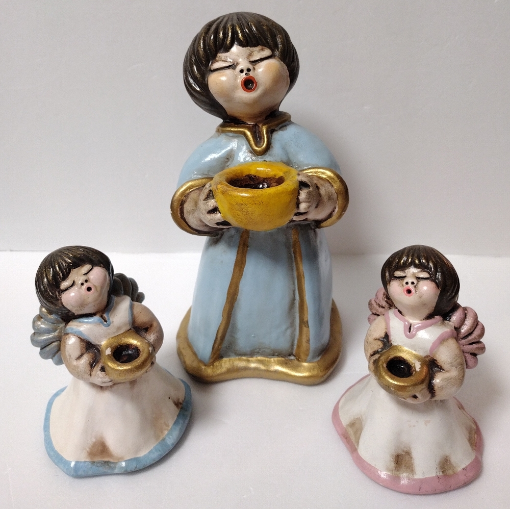 Set Of 3 Vintage Bozner Engel Thun Italy Angel Ceramic Figurines Candle Holder